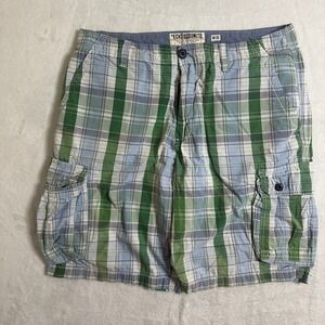 Ecko Unltd Men's Plaid Cargo Shorts Size 36 Green Blue White Premium Y2K Baggy